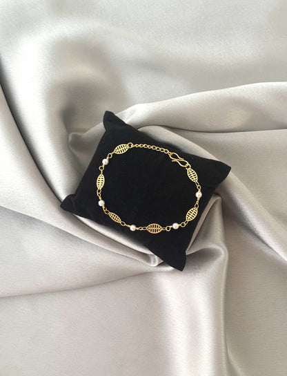 Gold-Plated Leaf and Pearl Bracelet