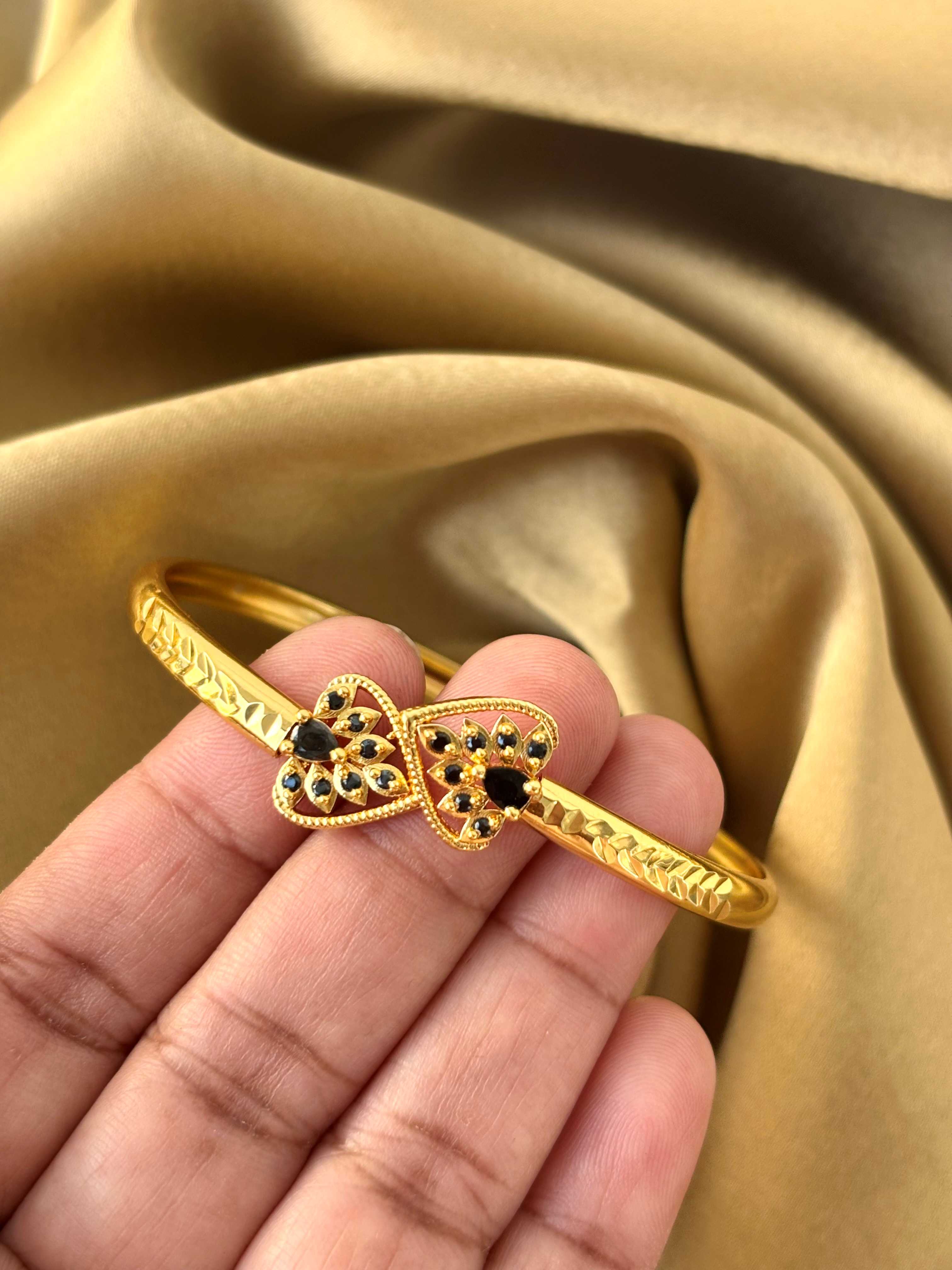 Gold-Plated Blue Gemstone Floral Bangle