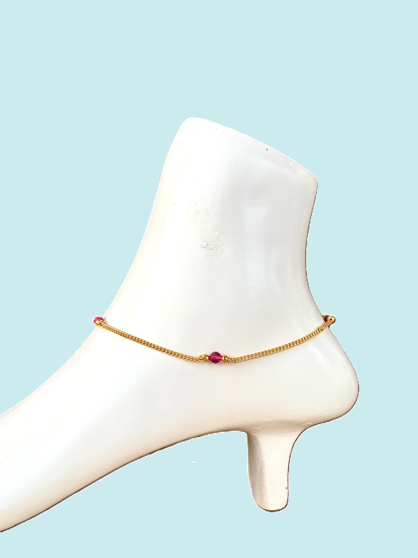 Gold-Plated Ruby Pink Crystal Bead Anklet