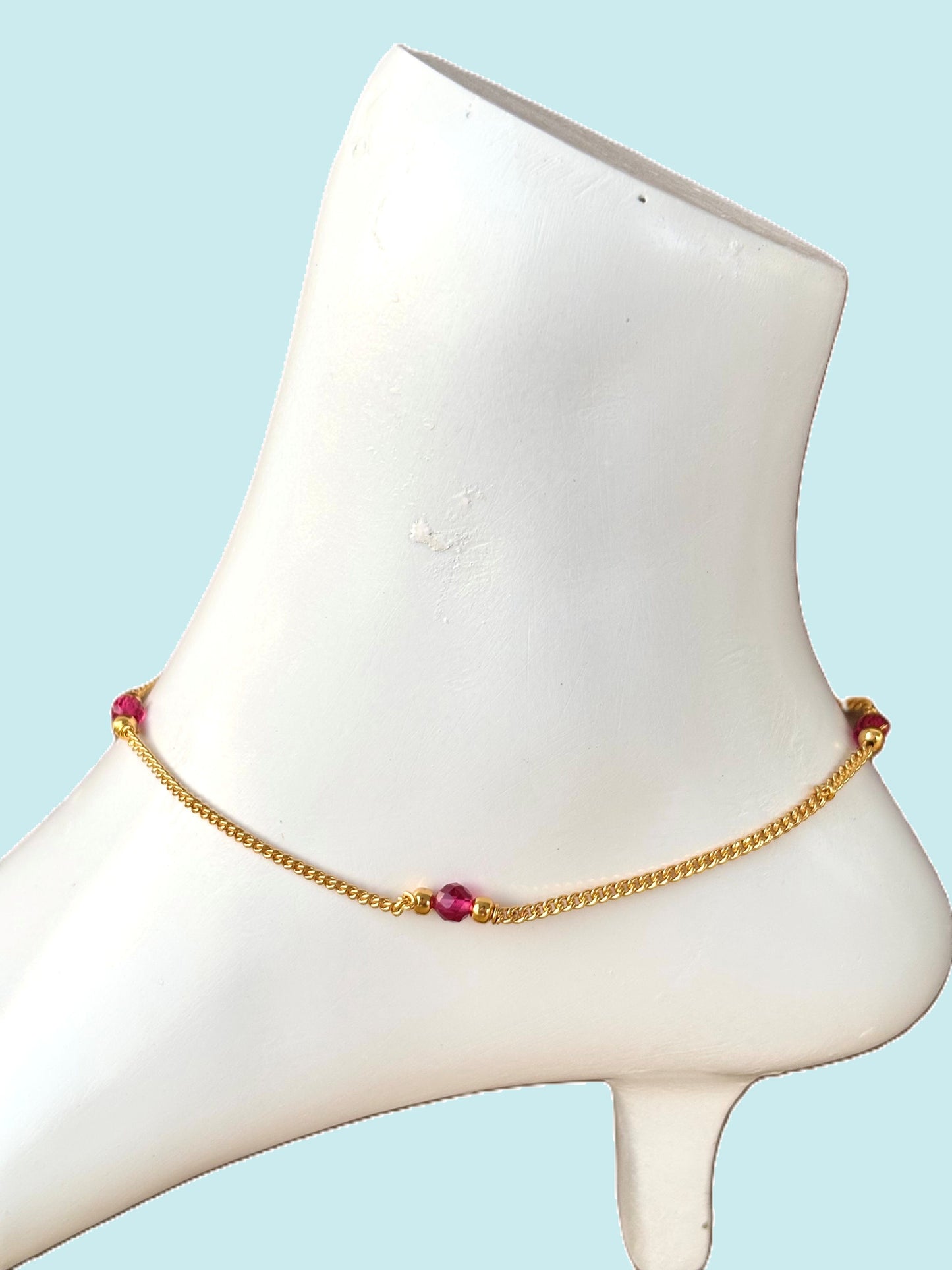 Gold-Plated Ruby Pink Crystal Bead Anklet
