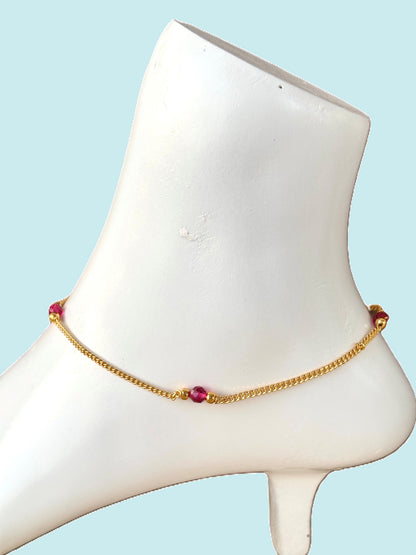 Gold-Plated Ruby Pink Crystal Bead Anklet