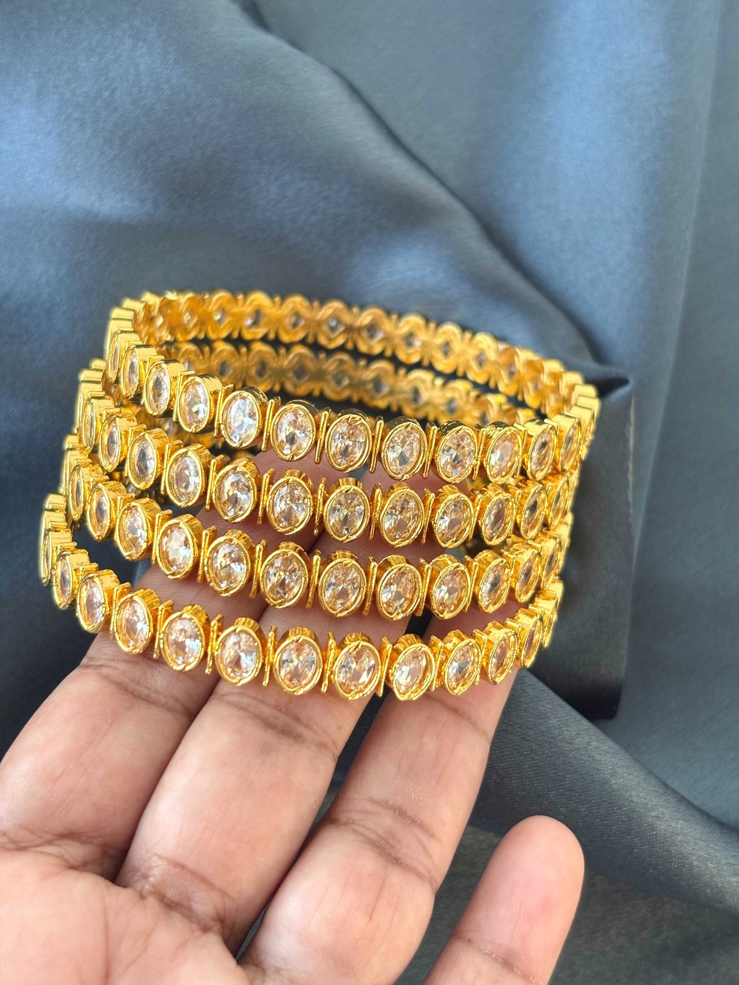 Oval Stone Studded Gold-Plated Bangles Size 2.6