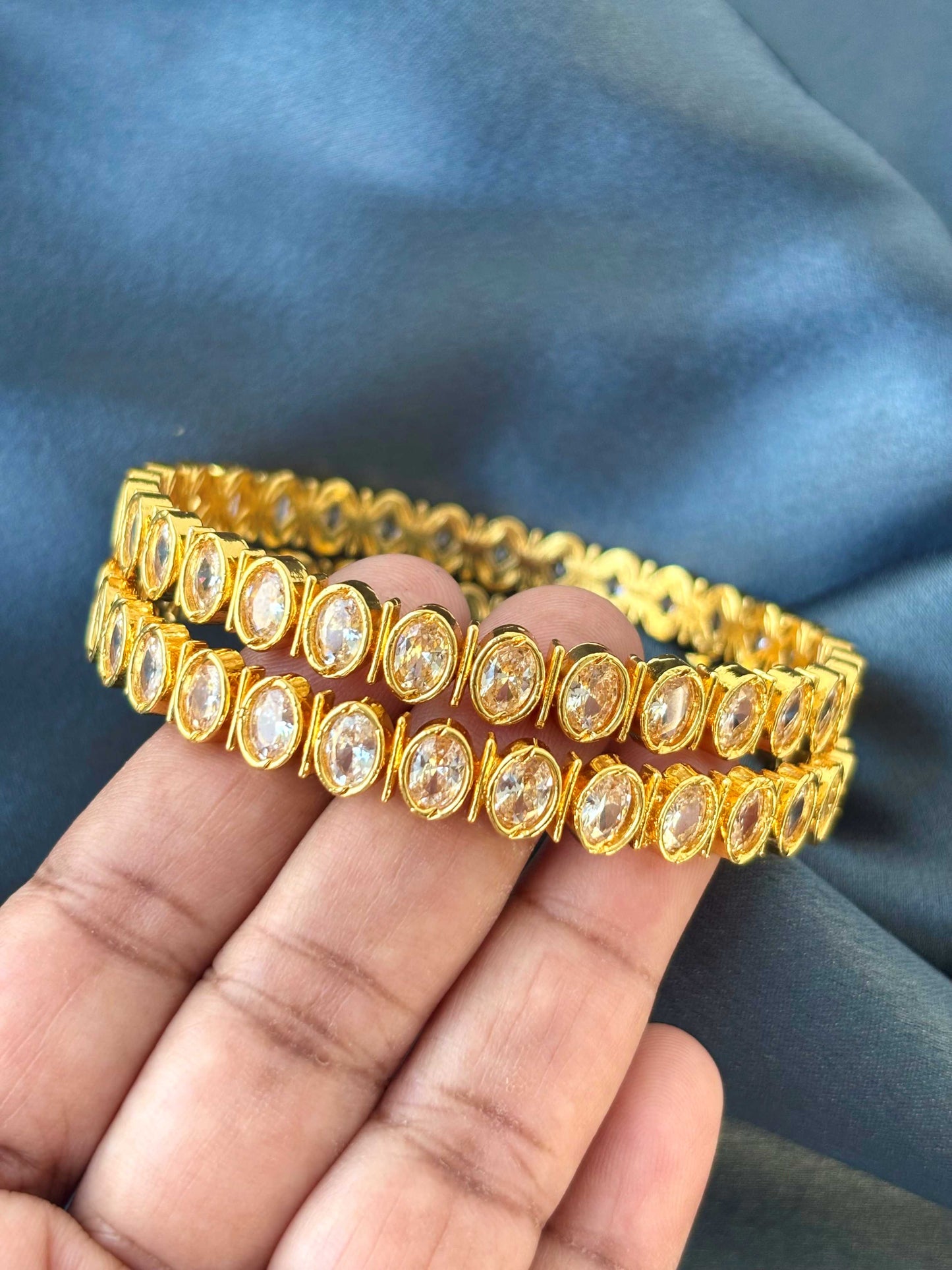 Oval Stone Studded Gold-Plated Bangles Size 2.8