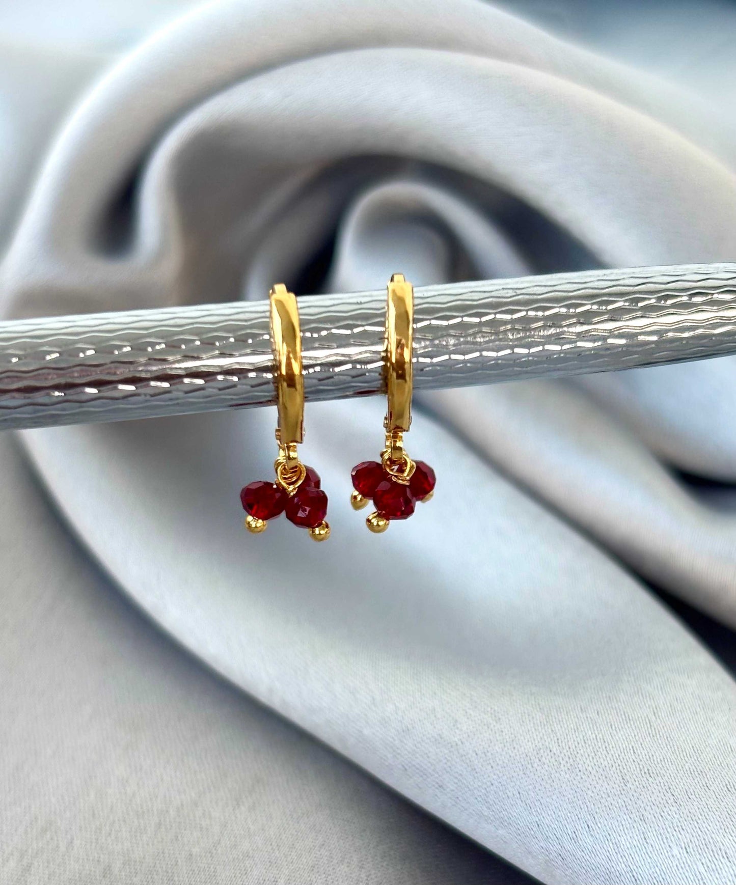 Ruby Red Bead Charm Hoop Earrings