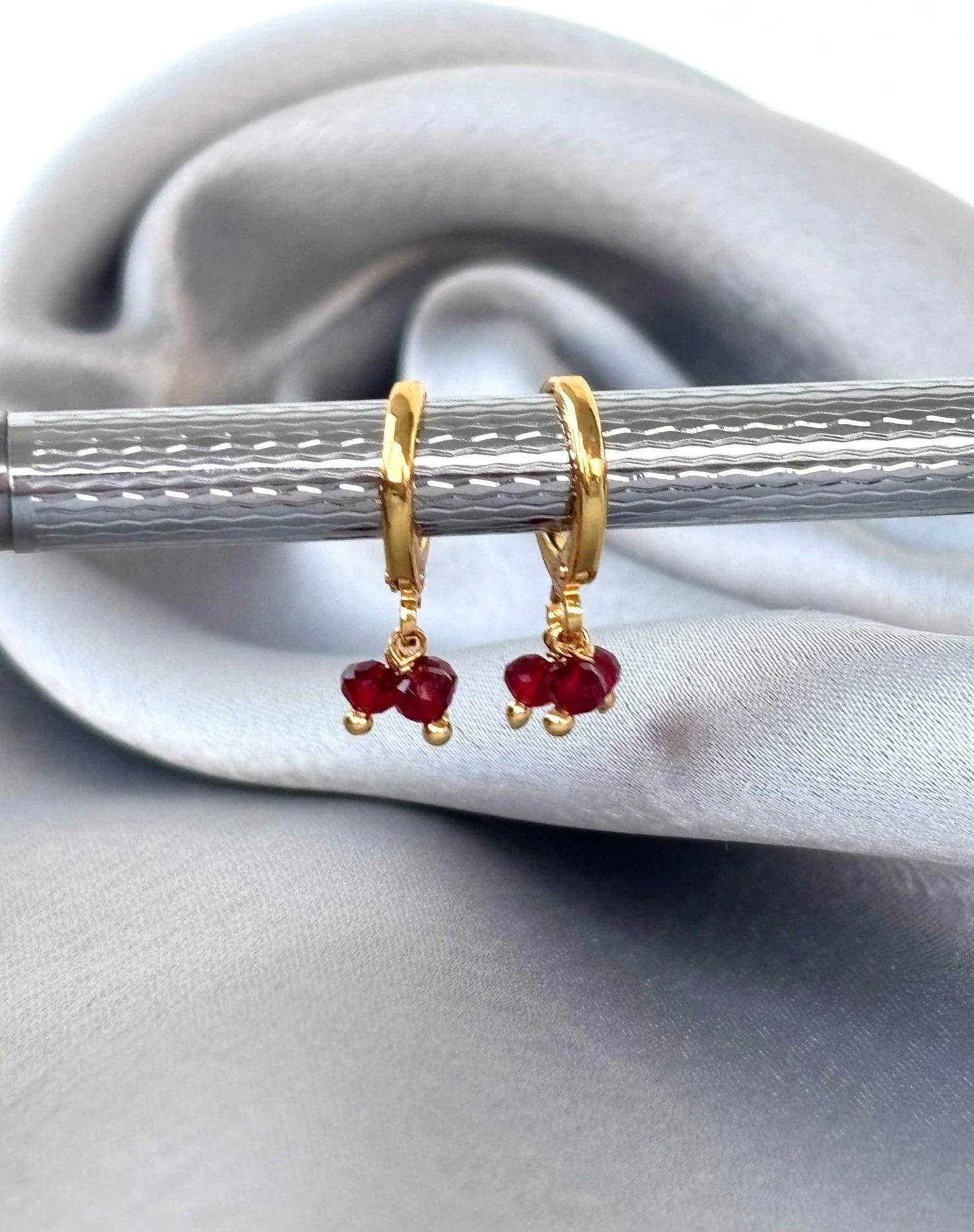 Ruby Red Bead Charm Hoop Earrings