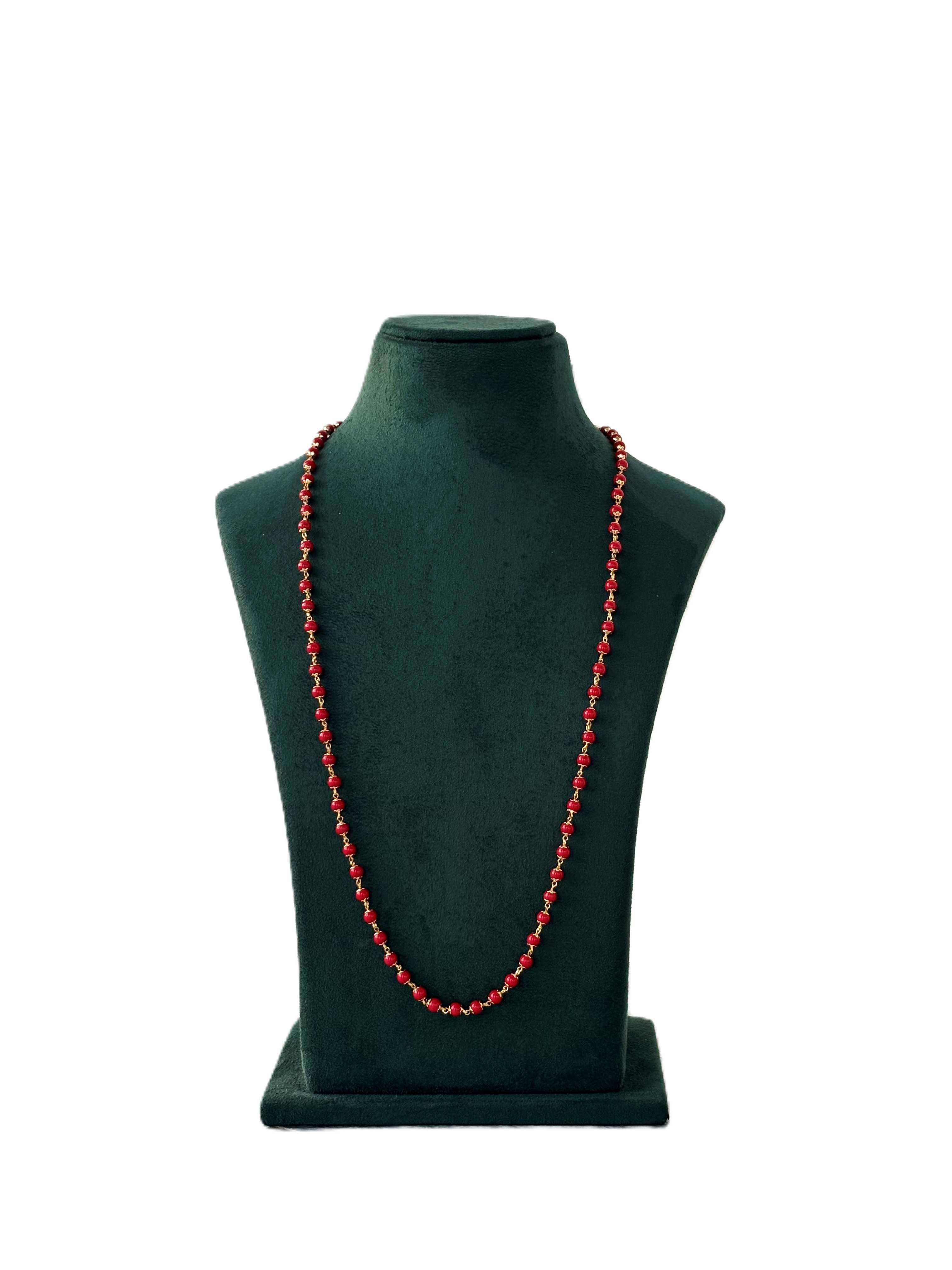 Red Pavizham Bead Gold-Plated Long Chain