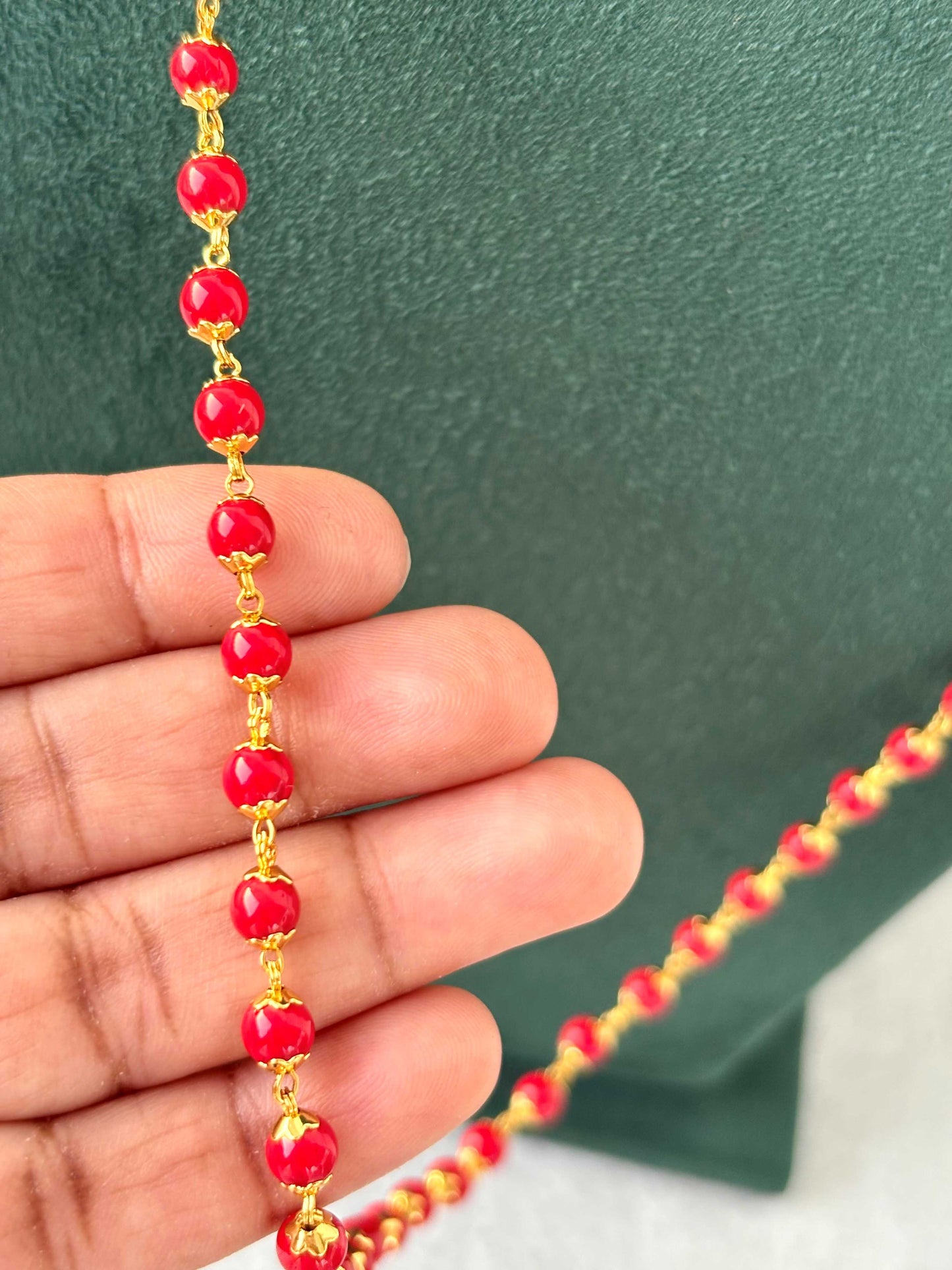 Red Pavizham Bead Gold-Plated Long Chain