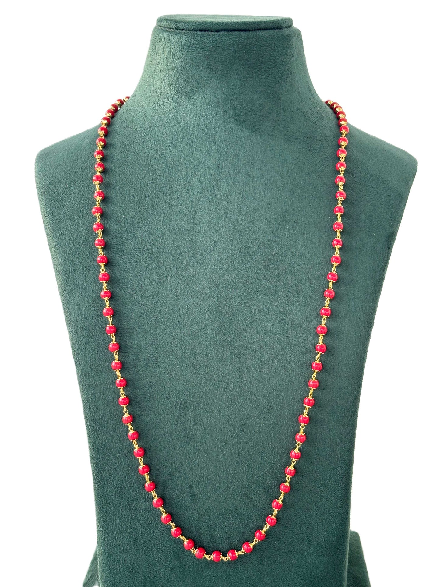 Red Pavizham Bead Gold-Plated Long Chain