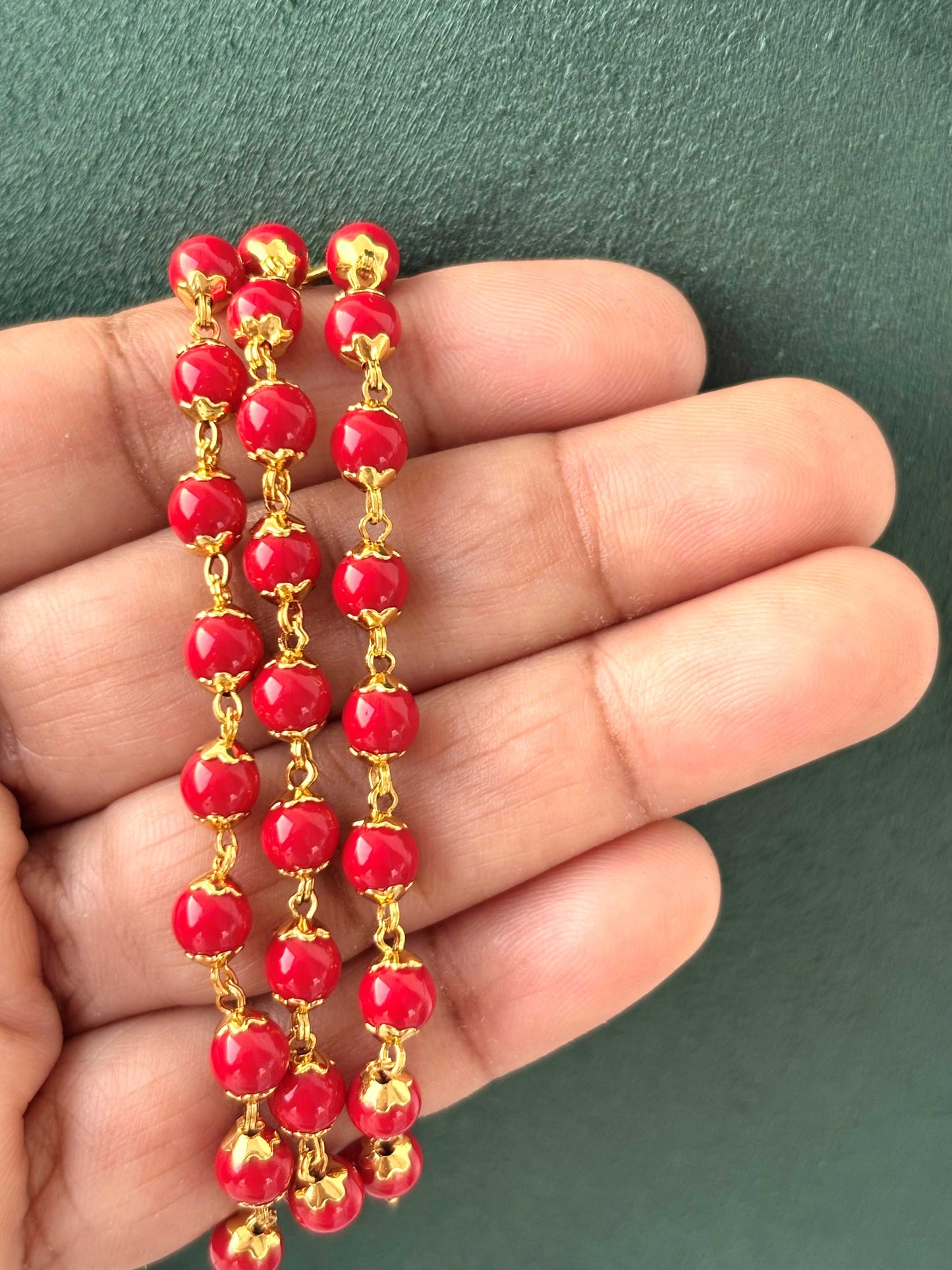 Red Pavizham Bead Gold-Plated Long Chain