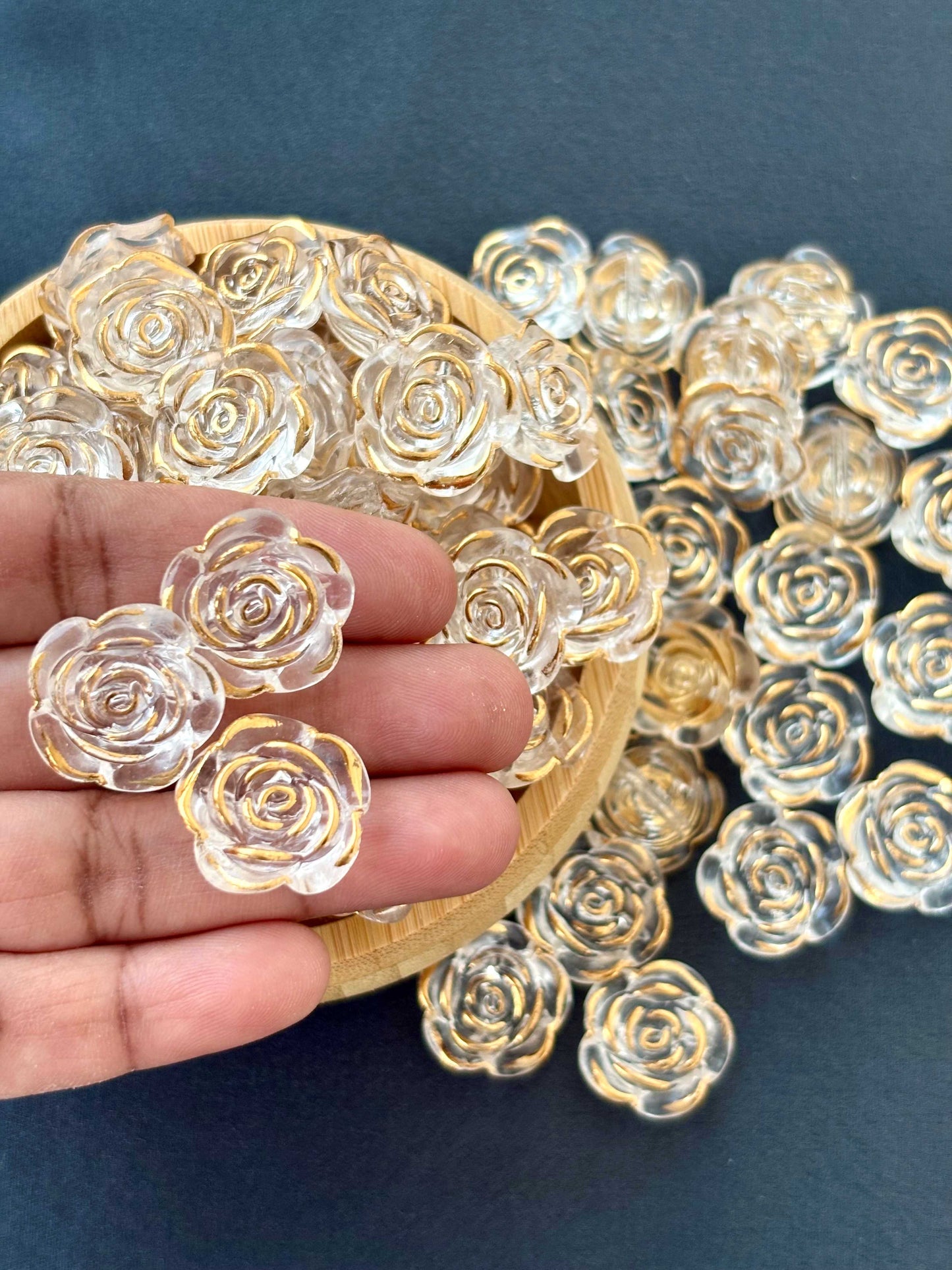 Gold-Rimmed Clear Rose Acrylic Beads