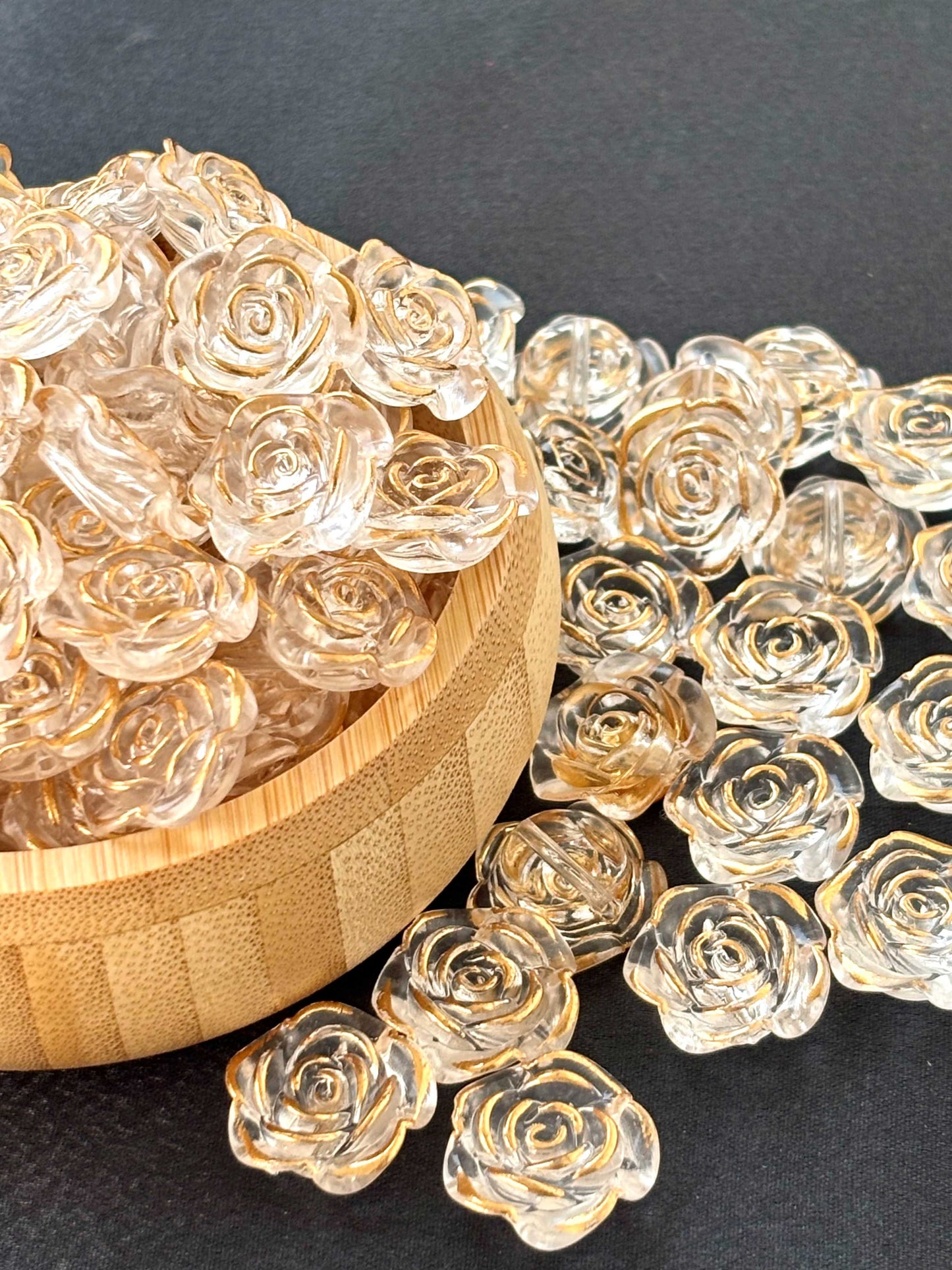 Gold-Rimmed Clear Rose Acrylic Beads