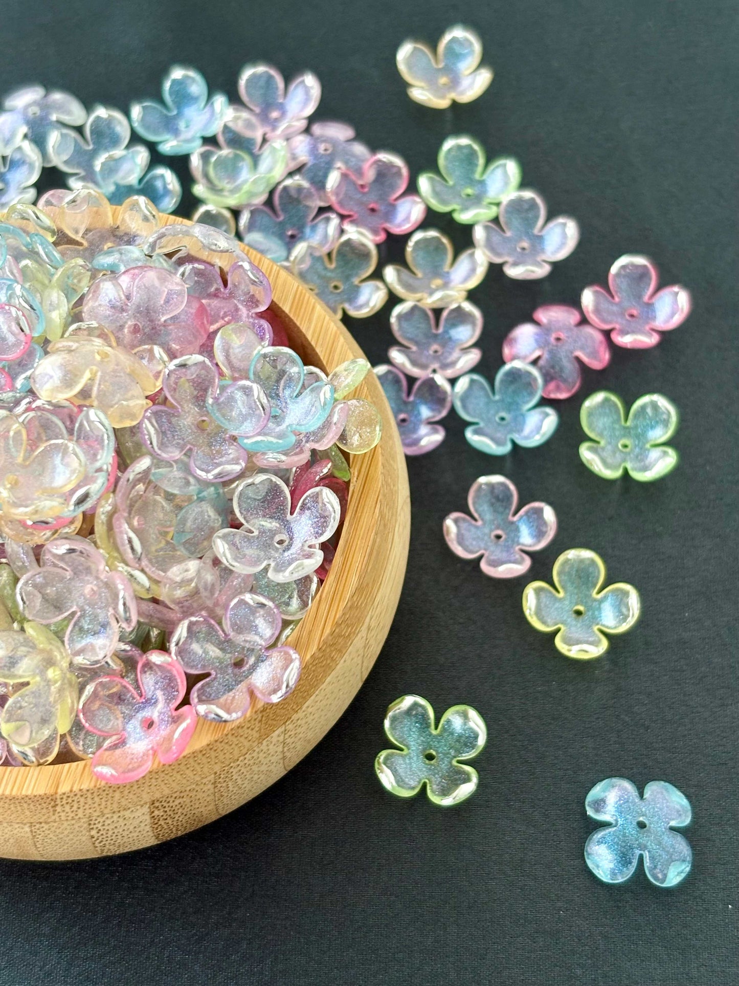 Iridescent Silver-Rimmed Four-Petal Beads