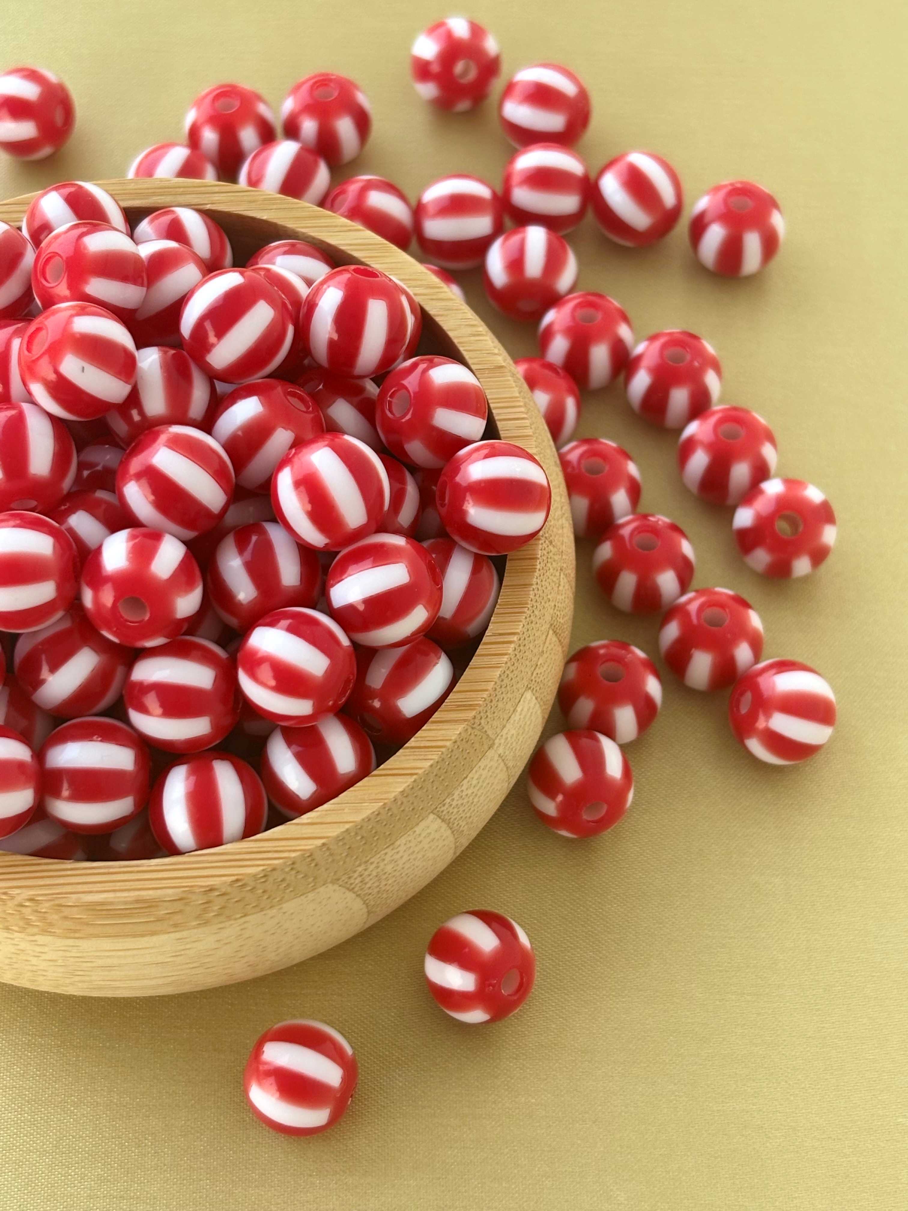 Red and White Striped Round Beads