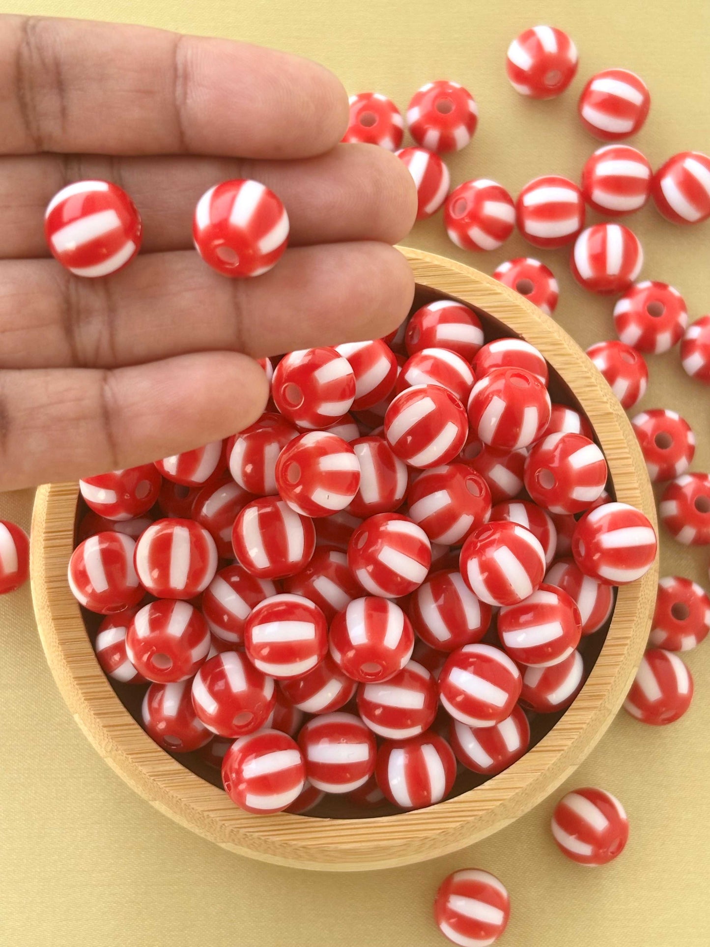 Red and White Striped Round Beads
