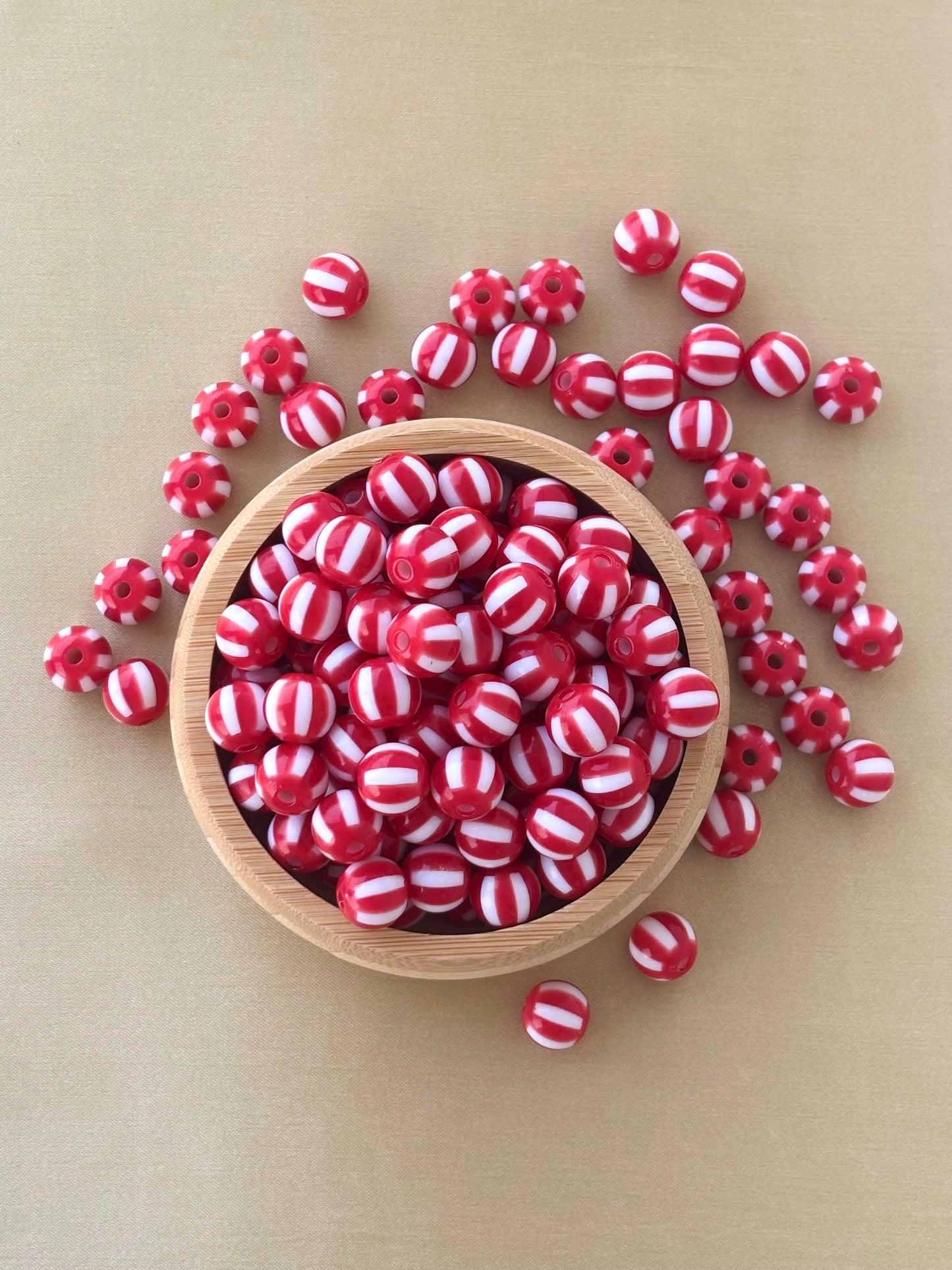Red and White Striped Round Beads