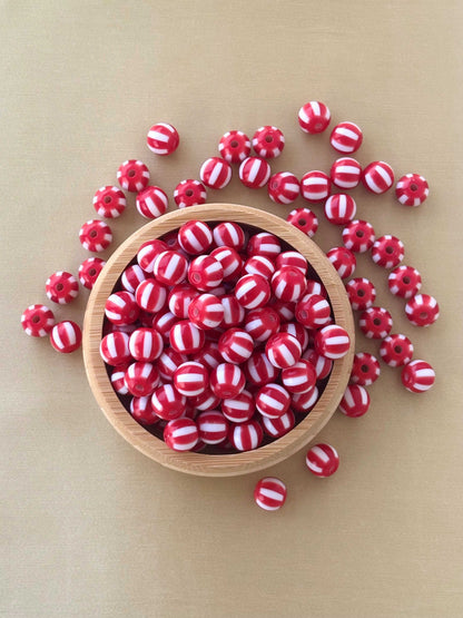 Red and White Striped Round Beads