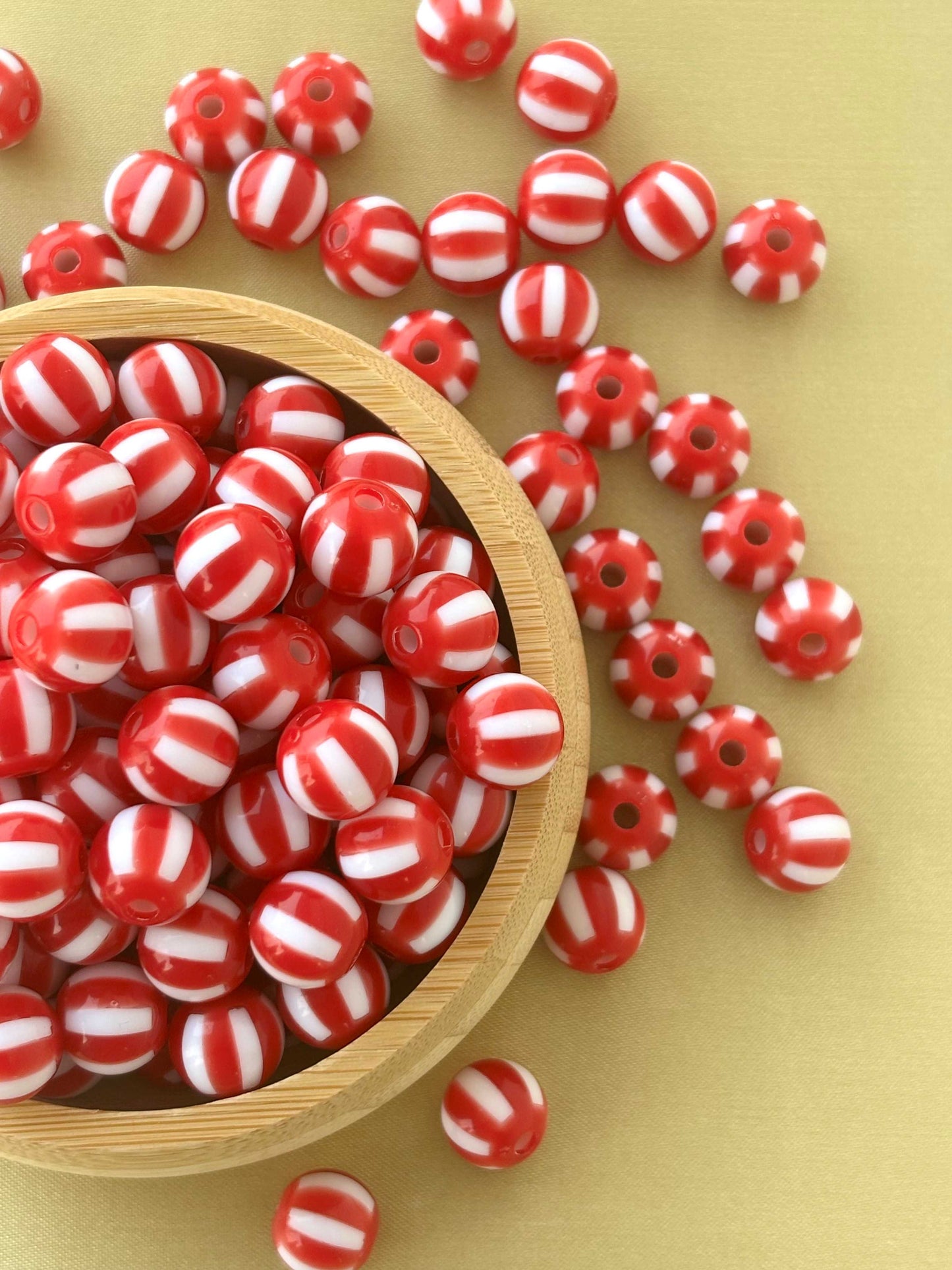 Red and White Striped Round Beads