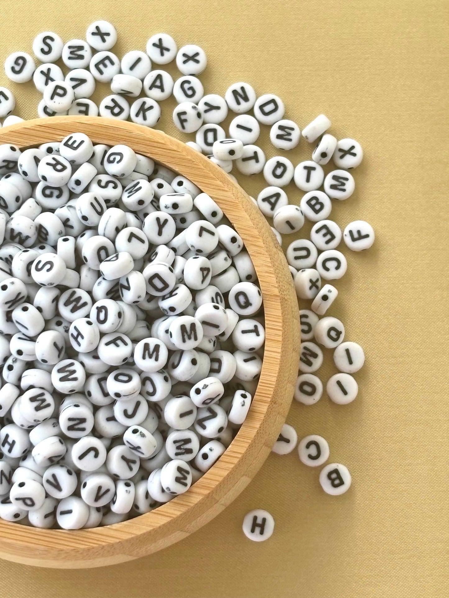 Flat Round White and Black Letter Beads