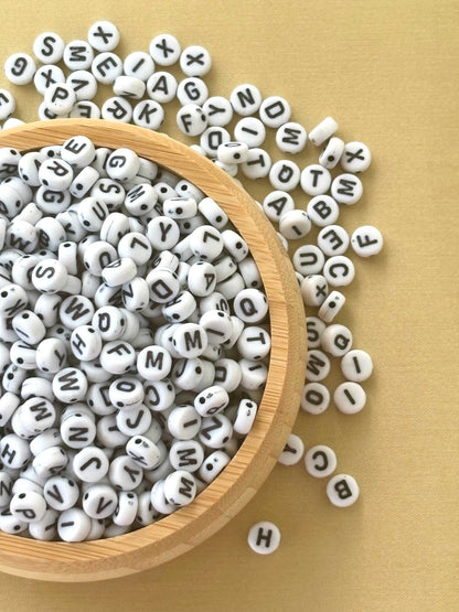 Flat Round White and Black Letter Beads