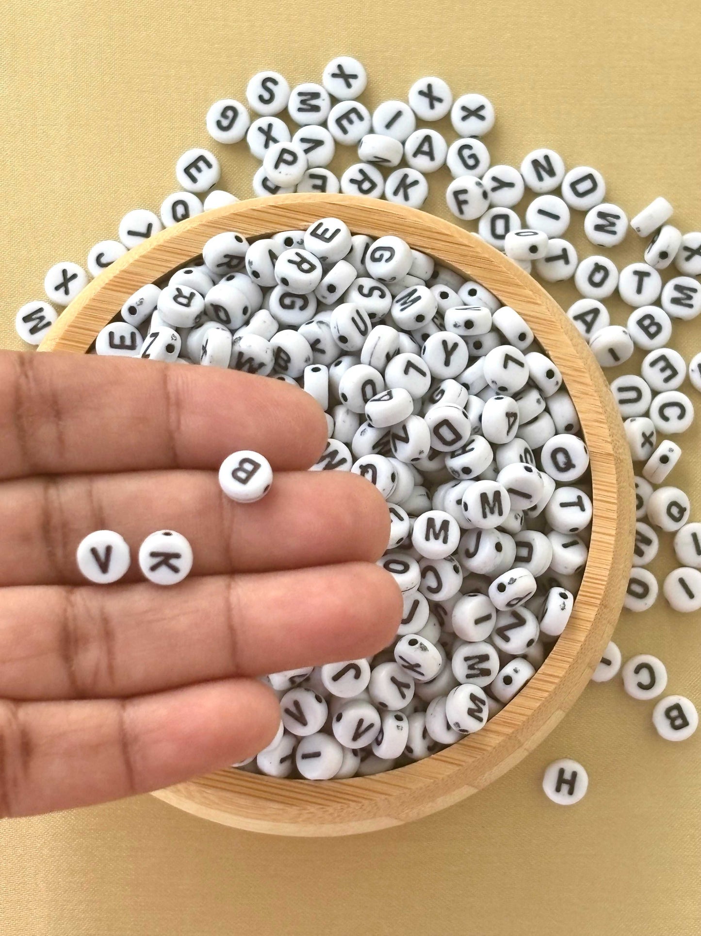 Flat Round White and Black Letter Beads