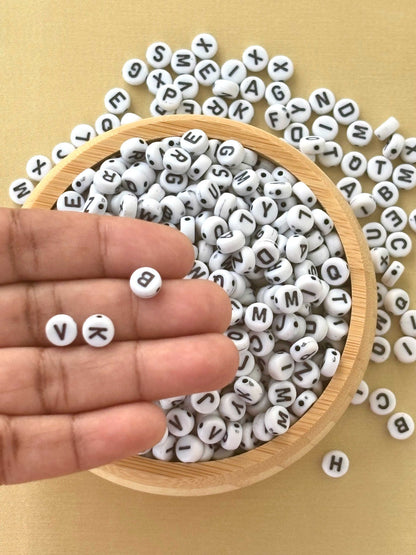 Flat Round White and Black Letter Beads