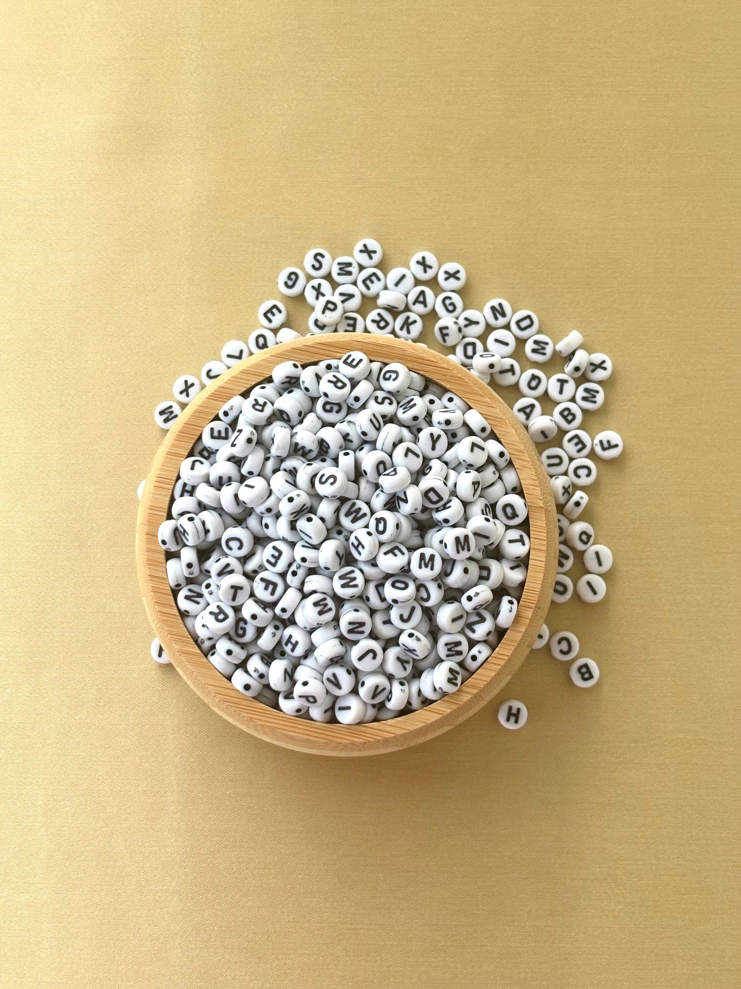 Flat Round White and Black Letter Beads