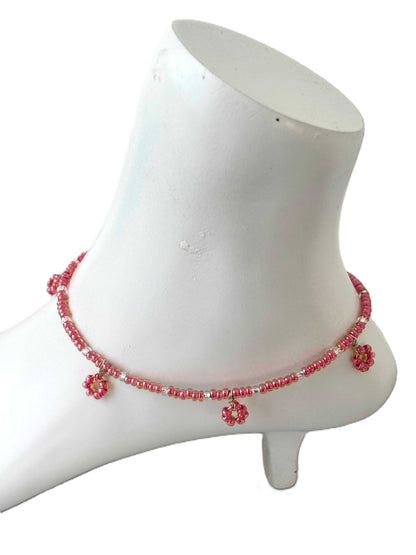 Pink and White Seed Bead Flower Charm Anklet