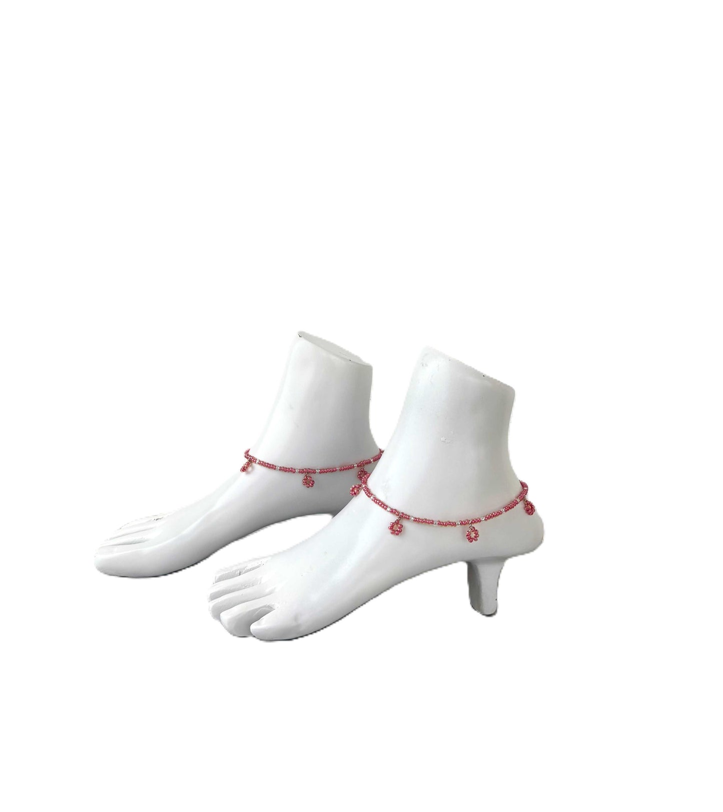 Pink and White Seed Bead Flower Charm Anklet