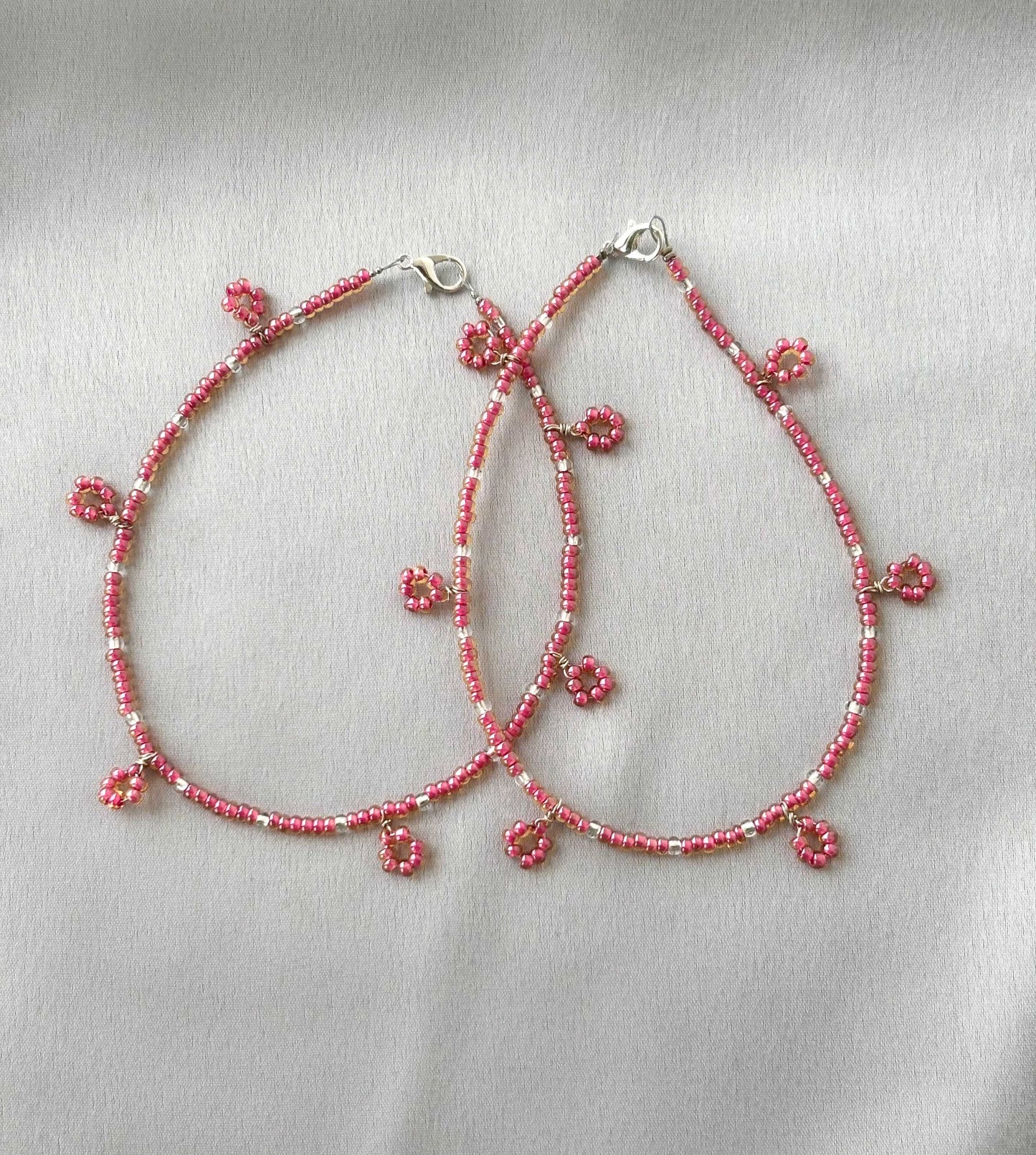 Pink and White Seed Bead Flower Charm Anklet