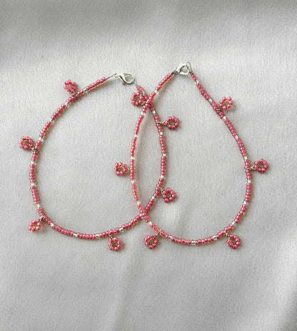 Pink and White Seed Bead Flower Charm Anklet
