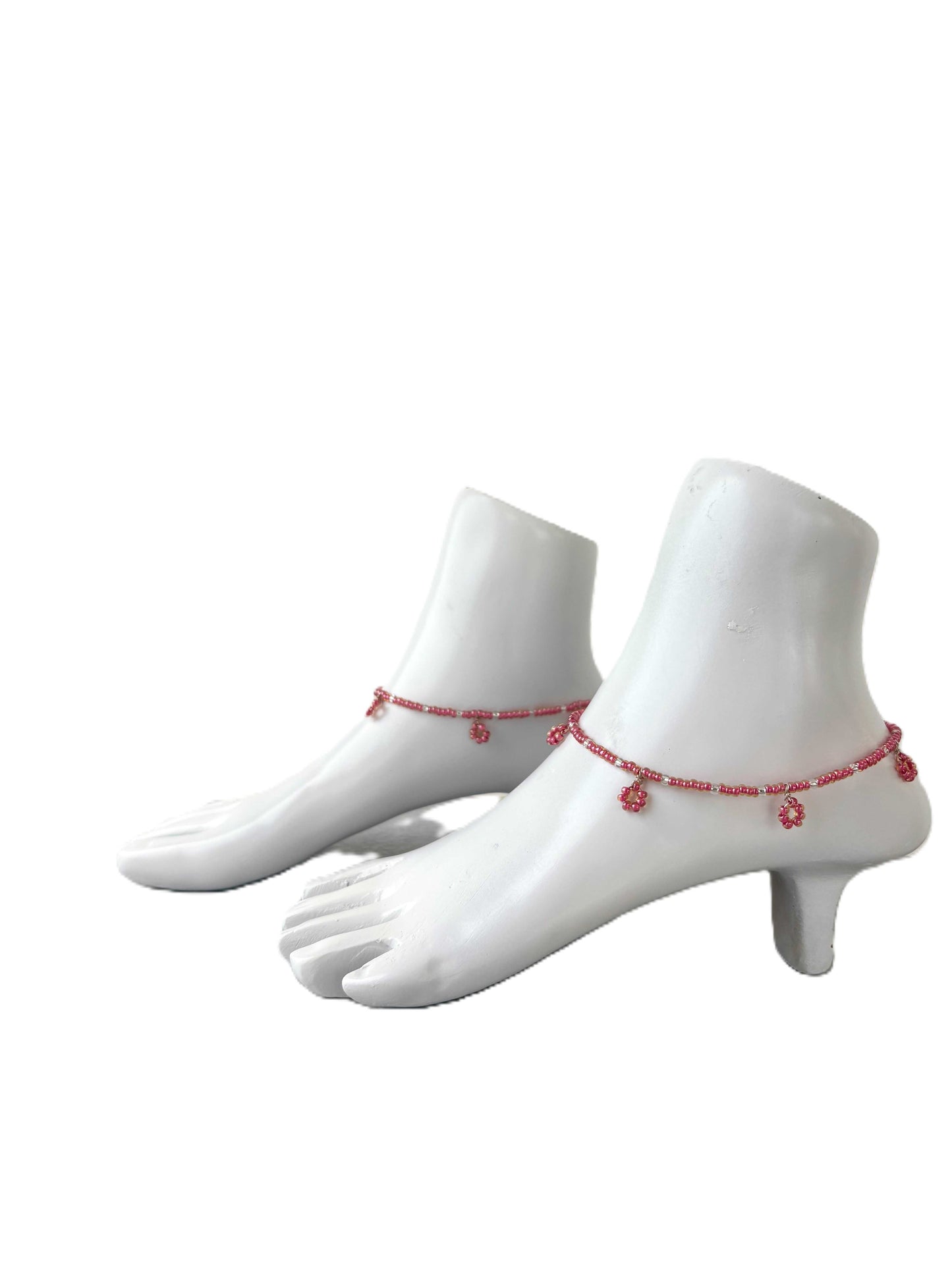 Pink and White Seed Bead Flower Charm Anklet
