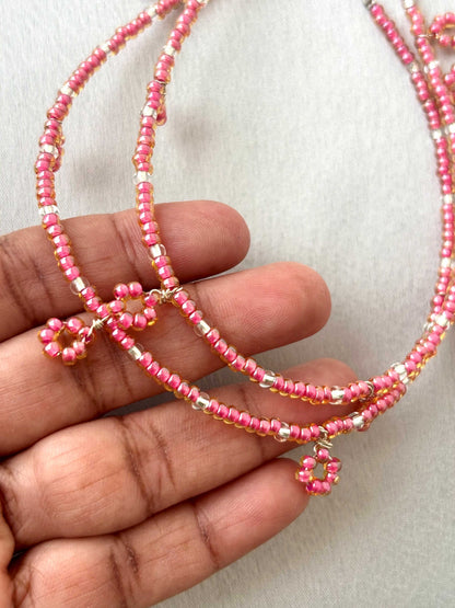 Pink and White Seed Bead Flower Charm Anklet