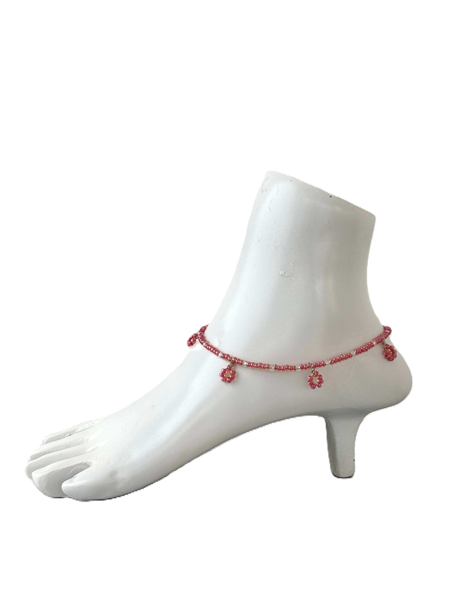 Pink and White Seed Bead Flower Charm Anklet