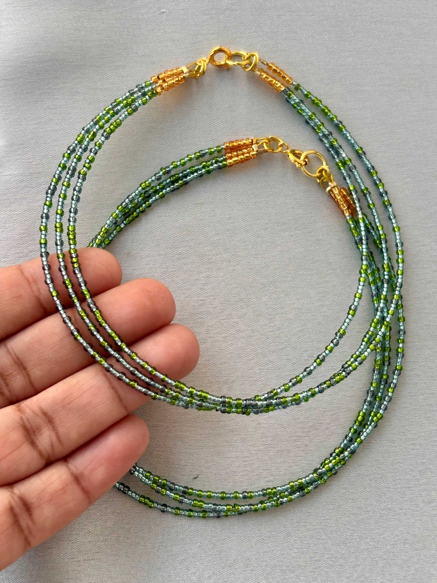 Layered Green and Gold Seed Bead Anklets