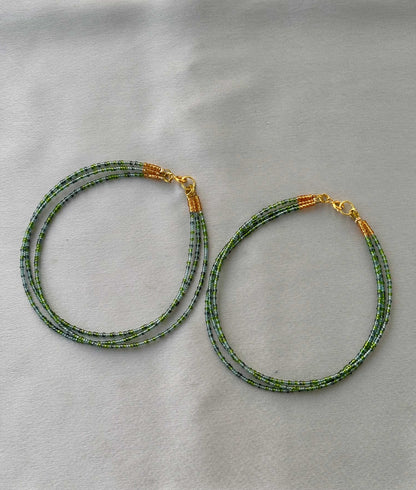 Layered Green and Gold Seed Bead Anklets