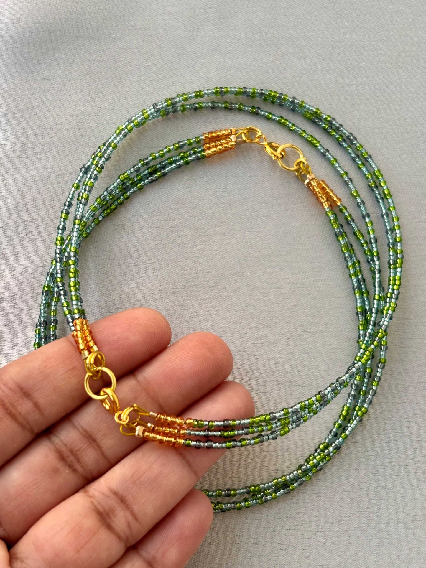 Layered Green and Gold Seed Bead Anklets