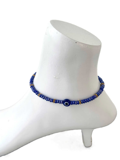 Cobalt Blue Evil Eye Handmade Beaded Anklet