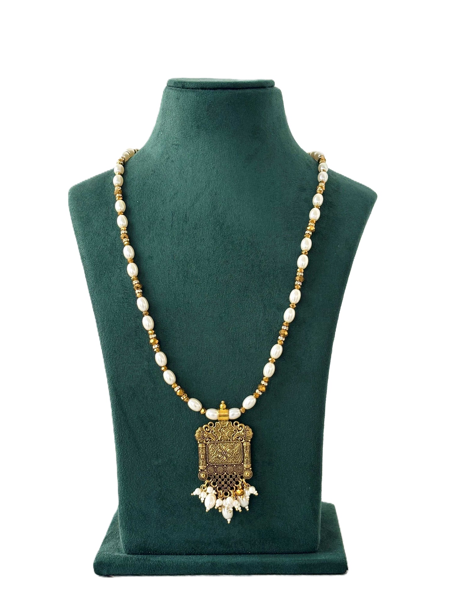 Gold Pendant and Rice Pearl Necklace