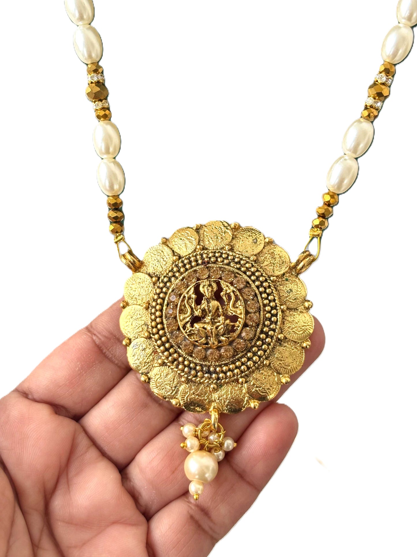 Gold Sunburst Medallion and Rice Pearl Necklace