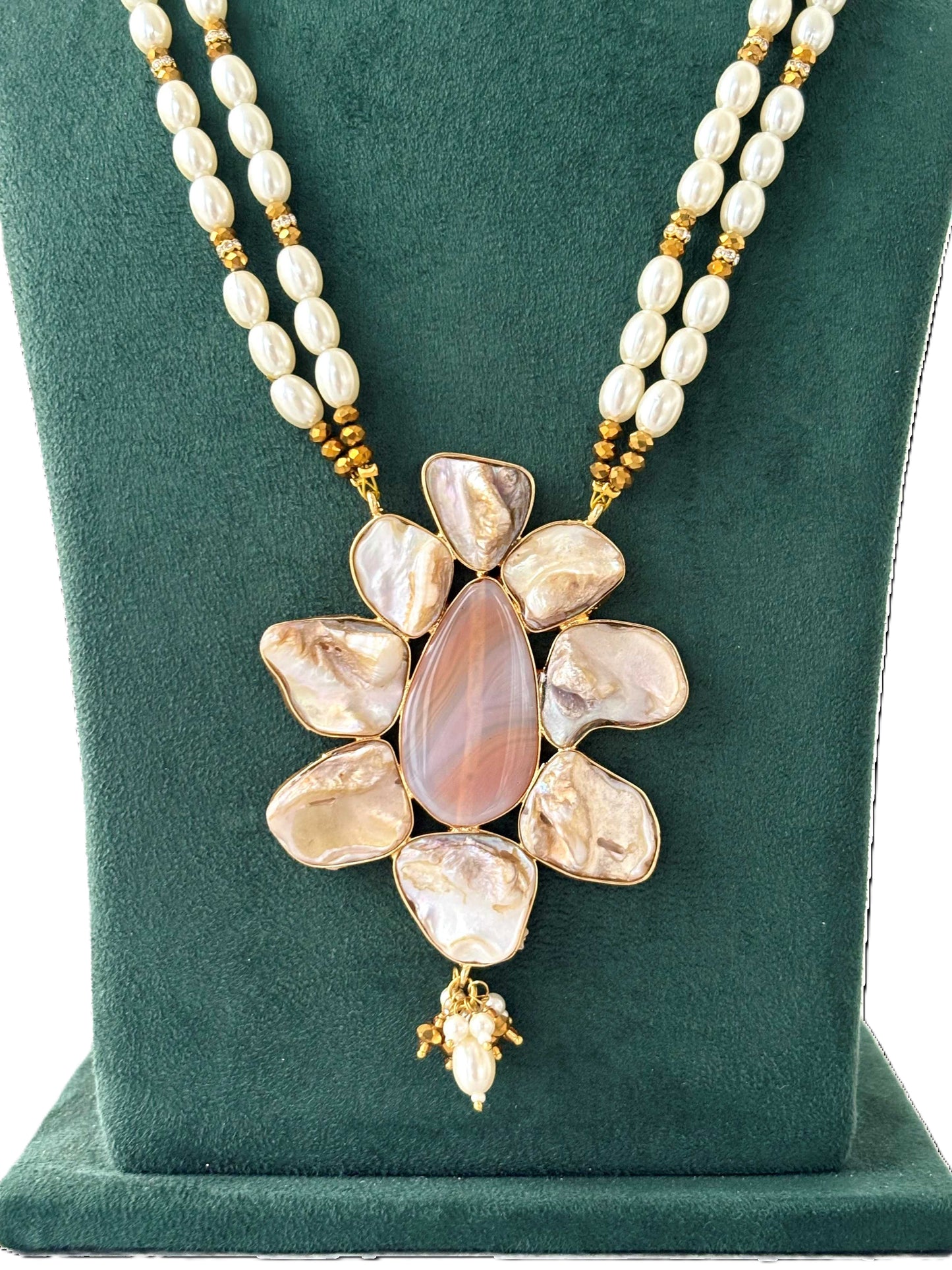 Pearl and Marbled Flower Pendant Necklace 1