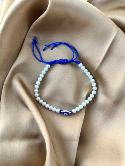 White Pearl & Blue Evil Eye Bracelet