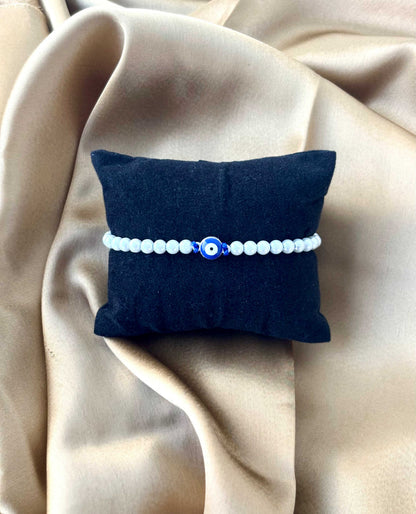 White Pearl & Blue Evil Eye Bracelet
