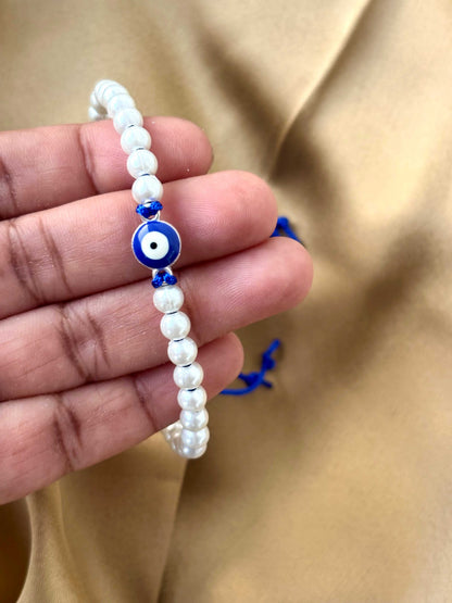 White Pearl & Blue Evil Eye Bracelet