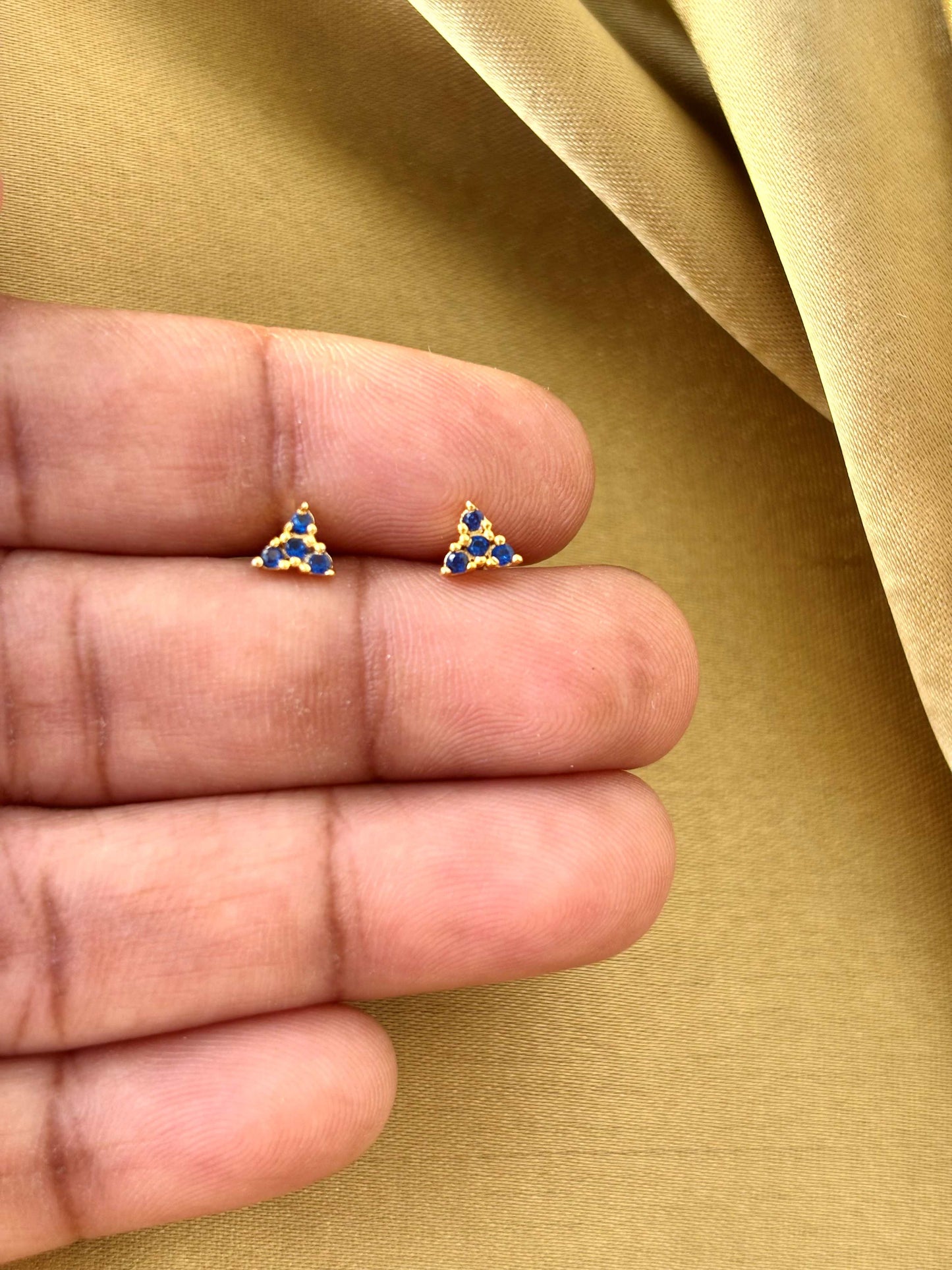Gold Plated Tiny Blue Triangle Stud Earrings