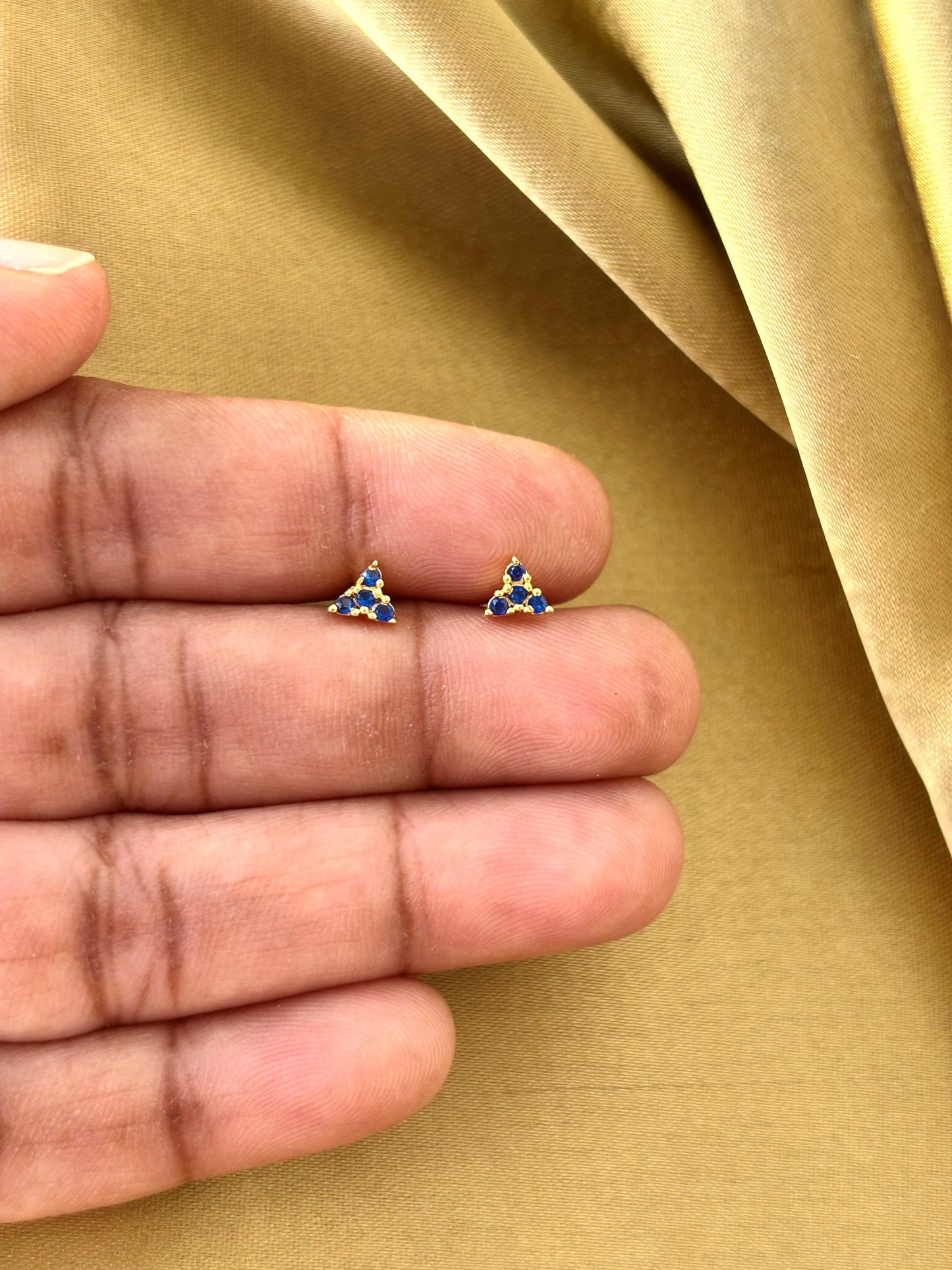 Gold Plated Tiny Blue Triangle Stud Earrings