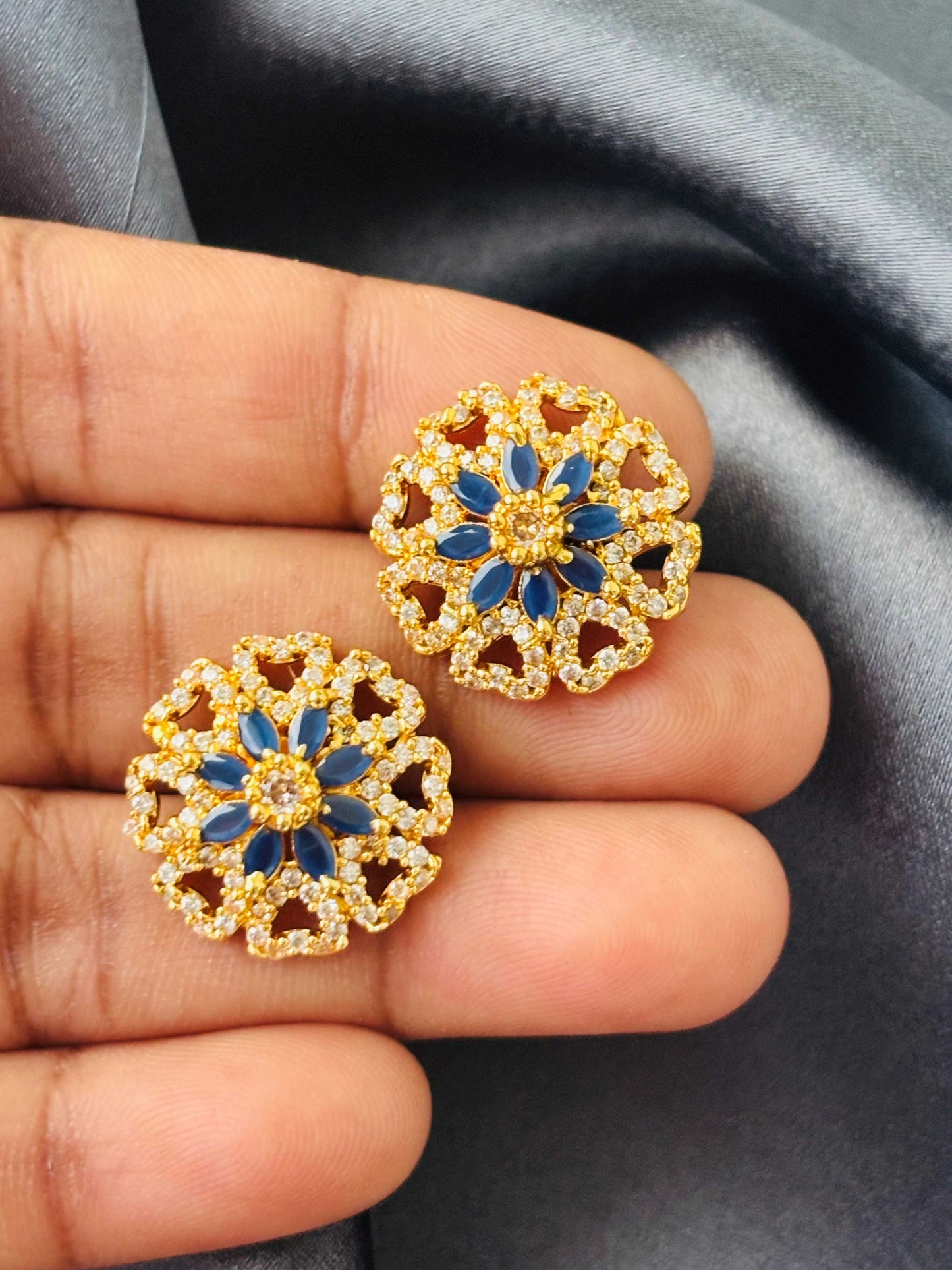 Gold Blue Floral Mandala Stud Earrings