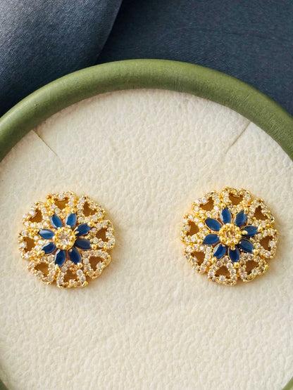 Gold Blue Floral Mandala Stud Earrings