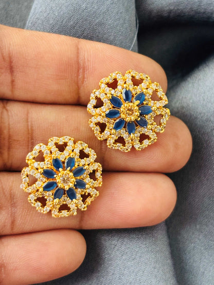 Gold Blue Floral Mandala Stud Earrings