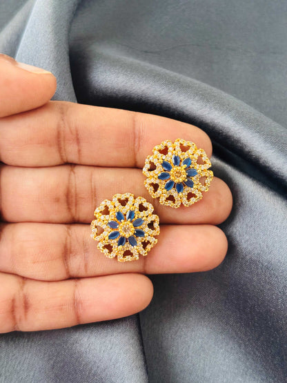 Gold Blue Floral Mandala Stud Earrings