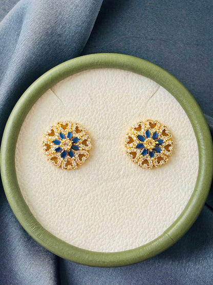 Gold Blue Floral Mandala Stud Earrings